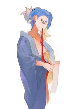 1girl alternate_costume blue_hair breasts collarbone earrings eyeliner hair_over_one_eye japanese_clothes jewelry kimono makeup medium_breasts mouth_hold nintendo no_bra octoling open_clothes open_kimono red_eyes shiver_(splatoon) solo splatoon_(series) splatoon_3 tentacle_hair untilwhenuf white_background