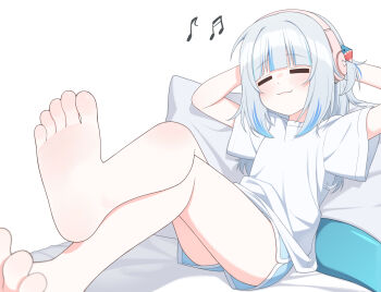 1girl :3 absurdres alternate_costume arms_behind_head bare_legs barefoot bed_sheet blue_hair blue_shorts blush closed_eyes closed_mouth crossed_legs feet fins fish_tail foot_focus foot_up foreshortening gawr_gura hair_ornament headphones highres hololive hololive_english long_hair multicolored_hair musical_note pillow reclining relaxing shark_girl shark_hair_ornament shark_tail shirt short_shorts short_sleeves shorts simple_background smile soles solo tail toes two-tone_hair ugaaaa1 virtual_youtuber white_background white_hair white_shirt