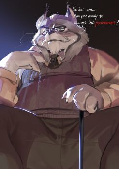 1boy 9x8bit absurdres animal_ears black_necktie cane cat_boy cat_ears claws commentary english_commentary english_text from_below furry furry_male grey_pants highres holding holding_cane looking_at_viewer looking_down male_focus milton_lynxley necktie pants shirt sitting sleeveless sleeveless_sweater sweater whiskers white_shirt zootopia