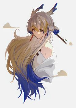 Rule 34 | 1girl, absurdres, arknights, bare shoulders, blonde hair, blue hair, chinese commentary, chromatic aberration, closed mouth, commentary request, cropped torso, dragon girl, dragon horns, earrings, eyeliner, green eyes, grey background, grey hair, hair between eyes, highres, horns, jewelry, long hair, looking at viewer, makeup, miaotiaodeshuibei, multicolored hair, off shoulder, orange eyeliner, pointy ears, shu (arknights), simple background, solo