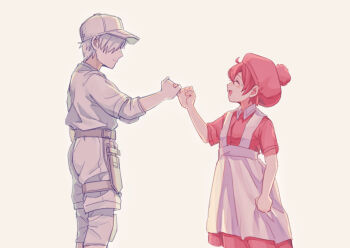 1boy 1girl ae-3803 ahoge baseball_cap breast_pocket closed_eyes closed_mouth collared_shirt combat_knife commentary_request hair_over_one_eye hat hataraku_saibou highres knife long_sleeves looking_at_another open_mouth pants pinky_swear pocket red_blood_cell_(hataraku_saibou) red_hair red_hat red_shirt rougui_(he_fengyu) shirt short_hair simple_background skirt smile standing u-1146 weapon white_background white_blood_cell_(hataraku_saibou) white_hair white_hat white_pants white_shirt white_skirt