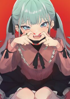 1girl :d aqua_hair black_ribbon black_skirt blue_eyes blush center_frills commentary_request ear_piercing facial_mark fangs fingernails four-finger_heart_hands frills hair_ribbon hatsune_miku heart heart_facial_mark heart_hands highres jewelry jirai_kei kiinakin looking_at_viewer mask mouth_mask multiple_rings nail_polish neck_ribbon open_mouth piercing pink_shirt red_background red_nails ribbon ring shirt skirt smile solo teeth tongue twintails upper_teeth_only vampire_(vocaloid) vocaloid