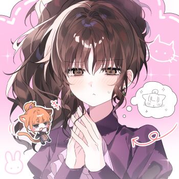 2girls :&lt; :3 :d animal_ears artist_request ascot blush_stickers brown_eyes brown_hair cat_ears cat_tail chibi commission earrings frilled_ascot frills highres jewelry looking_ahead multiple_girls open_mouth orange_hair own_hands_together portrait puffy_sleeves purple_ascot purple_shirt second-party_source shirt side_ponytail small_sweatdrop smile striped_blush tail umineko_no_naku_koro_ni ushiromiya_eva ushiromiya_natsuhi wavy_hair yuri