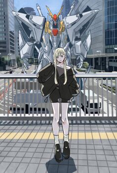 1girl black_jacket black_shoes black_shorts blonde_hair blue_eyes building collarbone commentary earrings full_body gigi_andalusia grey_shirt gundam gundam_hathaway's_flash handrail highres jacket jewelry long_hair mecha motor_vehicle overpass road robot shirt shoes shorts socks standing takeuchi_ryousuke tile_floor tiles traffic_cone triangle_earrings truck white_socks xi_gundam