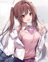 Rule 34 | 1girl, :d, absurdres, aomi kanon, bag, blush, bow, bowtie, breasts, brown eyes, brown hair, collarbone, dot nose, heart, high collar, highres, karory, large breasts, long hair, looking at viewer, open mouth, original, outdoors, pink shirt, red bow, red bowtie, red skirt, school bag, school uniform, shirt, skirt, smile, solo, sweater, two side up, upper body, very long hair, white background