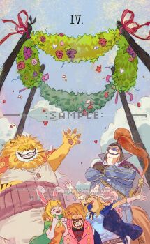 2girls 3boys ^_^ arm_up capelet carrot_(one_piece) closed_eyes commentary crossed_arms green_capelet haramaki hat_feather helmet highres inuarashi_(one_piece) jacket long_hair multiple_boys multiple_girls nekomamushi one_piece outdoors pekoms pink_jacket sample_watermark sharp_teeth short_hair siyangou49 smile sunglasses tail teeth wanda_(one_piece) watermark whiskers