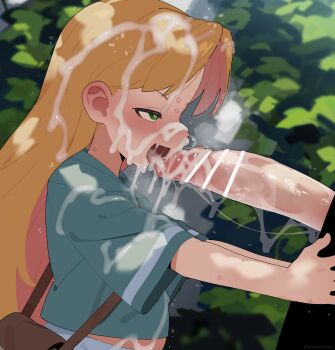 1boy 1girl absurdres after_fellatio aqua_jacket bar_censor blonde_hair blush censored colored_inner_hair commentary_request cum cum_on_body cum_on_clothes cum_on_hair facial green_eyes hetero highres jacket long_hair mizumizuni multicolored_hair open_mouth outdoors penis pink_hair ruri_no_houseki short_sleeves solo_focus sweat tanigawa_ruri tears two-tone_hair