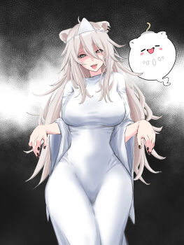 1girl absurdres ahoge alternate_costume animal_ears black_nails breasts dress ghost_costume grey_eyes grey_hair highres hololive large_breasts lion_ears lion_girl looking_at_viewer nail_polish open_mouth shishiro_botan smile solo tongue usagimi_biri virtual_youtuber white_dress