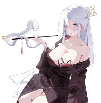 Rule 34 | 1girl, absurdres, banpen, blush, breasts, brown robe, chest tattoo, cleavage, collarbone, commentary, commission, fang, feet out of frame, fingernails, floral print, grey eyes, hair between eyes, hand up, head tilt, highres, holding, holding smoking pipe, huge breasts, long fingernails, long hair, looking at viewer, original, parted lips, pink nails, robe, simple background, single bare shoulder, slit pupils, smoking pipe, snake, snake tattoo, solo, tattoo, white background, white hair
