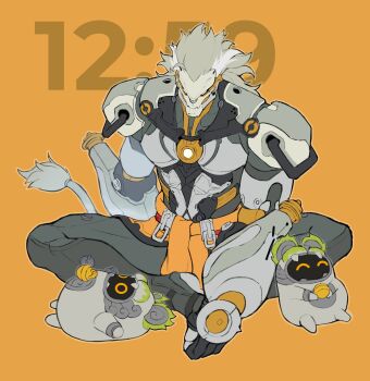 1boy bangboo_(zenless_zone_zero) banyue_(zenless_zone_zero) belion_(zenless_zone_zero) clothed_robot clothes_around_waist commentary_request full_body grey_hair grey_tail highres humanoid_robot male_focus mechanical_tail orange_background robot robot_boy sitting tail timestamp wz_zong zenless_zone_zero