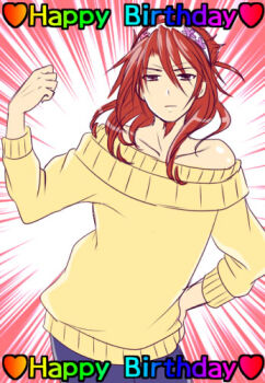 Rule 34 | 1boy, character request, collarbone, copyright request, cowboy shot, english text, hairband, happy birthday, lowres, male focus, medium hair, menokonome, off-shoulder sweater, off shoulder, rainbow text, solo, sweater, yellow sweater