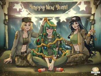 3girls abs azov_battalion baseball_cap belt blonde_hair blue_hair blush bunker camouflage camouflage_jacket camouflage_pants chest_tattoo christmas christmas_lights christmas_tree collarbone cross cross_necklace decorations digital_camouflage feet green_hair green_tank_top grey_jacket hat highres human_christmas_tree jacket jewelry korzynka_persykiv kraken_(japanon) kraken_regiment long_hair m142_himars marichka medium_hair military military_combat_uniform military_uniform multiple_girls navel necklace new_year olesya_(miaz) open_mouth original pants russo-ukrainian_war sharp_teeth smile socks squid star_(symbol) string_lights tank_top tattoo teeth tongue tryzub ukraine ukrainian_flag ukrainian_ground_forces unbuttoned_jacket upper_teeth_only war weapon wolfsangel