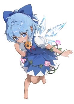 1girl barefoot blue_bow blue_dress blue_eyes blue_hair bow cirno dark-skinned_female dark_skin dress grin hair_bow highres ice ice_wings looking_at_viewer pinafore_dress plant ponytail simple_background siyumu sleeveless sleeveless_dress smile solo tanned_cirno touhou vines white_background wings