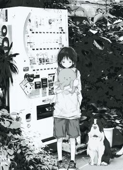 1girl absurdres alien animal black_eyes black_hair black_shoes chappy_(takopii_no_genzai) child dog grey_shorts highres holding holding_animal hos1_i kuze_shizuka monochrome o3o octopus sad shirt shoes short_hair short_sleeves shorts standing takopii takopii_no_genzai tears vending_machine white_shirt