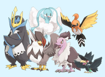 altaria bag bird black_eyes blue_background blue_eyes bright_pupils commentary_request crossed_arms empoleon eyelashes fletchinder full_body gen_2_pokemon gen_3_pokemon gen_4_pokemon gen_5_pokemon gen_6_pokemon mandibuzz murkrow nintendo no_humans open_mouth pokemon pokemon_(creature) red_eyes satchel simple_background staraptor toudou122 white_pupils