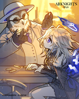 1boy 1girl absurdres arknights beak bird_boy claws commentary copyright_name english_commentary expressionless grey_hair grey_jacket halo hat highres jacket looking_at_another morini_ochiteru necktie paganini_(arknights) purple_eyes second-party_source shell_casing sunglasses vannini_(arknights) white_hat