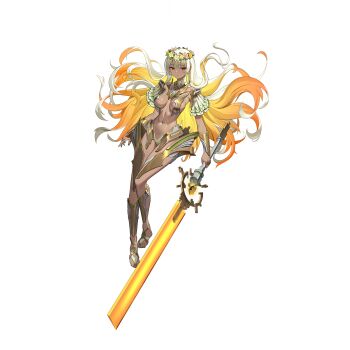 1girl absurdres armor bikini_armor blonde_hair breasts breasts_apart colored_inner_hair dark-skinned_female dark_skin detached_sleeves eyeshadow floating_hair flower_wreath full_body gold_armor gradient_hair green_nails high_collar highres holding holding_sword holding_weapon jewelry large_breasts long_hair looking_at_viewer makeup multicolored_hair nail_polish navel northman orange_eyes orange_hair original pleated_sleeves red_eyeshadow revealing_clothes ring simple_background solo stomach sword tachi-e toenail_polish toenails toned toned_female very_long_hair weapon white_background white_hair