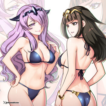 2girls alternate_costume ass bare_shoulders bikini black_bikini black_hair blush breasts camilla_(fire_emblem) circlet cleavage closed_mouth commentary english_commentary etchimune fire_emblem fire_emblem_awakening fire_emblem_fates hair_ornament hair_over_one_eye large_breasts long_hair medium_breasts multiple_girls navel nintendo open_mouth purple_eyes purple_hair sideboob smile stomach swimsuit tharja_(fire_emblem) tiara underboob very_long_hair wavy_hair