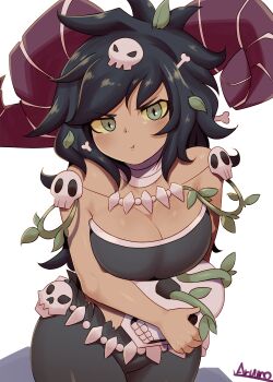 1girl arm_at_side artist_name bare_shoulders black_fur bone_hair_ornament breasts cleavage closed_mouth collarbone commission cowboy_shot dark-skinned_female dark_skin dominions goat_girl goat_horns green_eyes hair_ornament highres holding holding_skull horns leaf leaf_on_head looking_at_viewer ma_asphodel medium_breasts plant red_horns ryuusui_arumo simple_background skull skull_hair_ornament skull_ornament slit_pupils solo third-party_source vines white_background