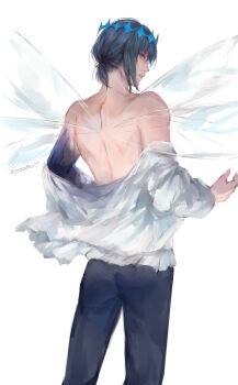 1boy absurdres bare_back blue_eyes commentary cowboy_shot dragonfly_wings english_commentary fate/grand_order fate_(series) grey_hair highres looking_at_viewer looking_back male_focus oberon_(fate) oberon_(third_ascension)_(fate) pants parted_lips renrenka_noi shirt shirt_down simple_background solo white_background white_shirt wings