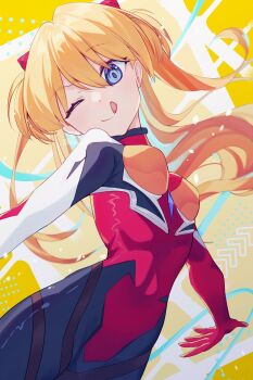 1girl absurdres ben-day_dots blue_eyes bodysuit breasts floating_hair hair_between_eyes highres interface_headset_(evangelion) long_hair looking_at_viewer mecha_pilot_suit neon_genesis_evangelion one_eye_closed orange_hair plugsuit_(evangelion) red_bodysuit screentones sharonda smile souryuu_asuka_langley tongue tongue_out yellow_background