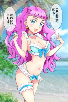 1girl beach bikini blue_bikini blue_choker blue_eyes blue_sky bow bow_bikini breasts choker cloud cloudy_sky commentary commentary_request cowboy_shot day earrings frilled_bikini frilled_thigh_strap frills highres jewelry kaatsu_katsurou laura_la_mer long_hair looking_at_viewer medium_breasts multi-strapped_bikini_bottom nail_polish navel open_mouth outdoors palm_tree pink_hair precure shell shell_earrings sky smile solo standing swimsuit thigh_strap translated tree tropical-rouge!_precure two_side_up w_arms water