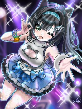 1girl :d ;d absurdres ahoge animal_ears bare_shoulders bead_bracelet beads black_hair blue_headband blush bow bracelet breasts cleavage_cutout clothing_cutout commentary english_commentary feet_out_of_frame fish_hair_ornament fishnet_pantyhose fishnets frilled_skirt frills from_above goddess_of_victory:_nikke green_eyes hair_intakes hair_ornament headband headset highres jewelry large_breasts long_hair looking_at_viewer mint_(nikke) mole mole_under_eye multiple_bracelets ok_sign one_eye_closed open_mouth outstretched_arm pantyhose plaid_clothes reaching reaching_towards_viewer skirt smile solo sparkle standing taka_(cactus) teeth upper_teeth_only very_long_hair