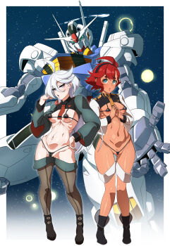 absurdres adama0s0284 ahoge aqua_eyes areola_slip bikini black_footwear black_hairband black_pantyhose blush boots breasts cleft_of_venus covered_erect_nipples dark-skinned_female dark_skin grey_eyes grey_hair gundam gundam_aerial gundam_suisei_no_majo hair_between_eyes hairband high_heel_boots high_heels highres long_hair looking_at_viewer low_ponytail lowleg mecha micro_bikini micro_bra micro_panties miorine_rembran navel nipples panties pantyhose partially_visible_vulva ponytail red_hair robot skindentation small_breasts star_(sky) suletta_mercury swept_bangs swimsuit thick_eyebrows thong_bikini underwear
