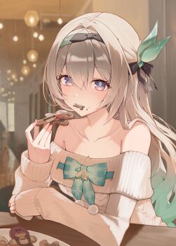 1girl absurdres alternate_costume bare_shoulders black_ribbon blurry blurry_background bow brown_sweater collarbone commentary eating elbows_on_table firefly_(honkai:_star_rail) food gingerbread_cookie gradient_hair green_bow grey_hair h0kori hair_between_eyes hair_intakes hair_ornament hair_ribbon hashtag-only_commentary highres holding holding_food honkai:_star_rail honkai_(series) indoors kafka_(honkai:_star_rail) long_hair long_sleeves looking_at_viewer multicolored_hair off-shoulder_sweater off_shoulder purple_eyes ribbon solo sweater upper_body