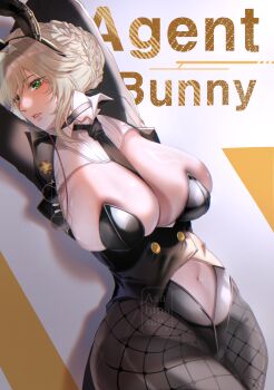 Rule 34 | 1girl, ade (agent bunny) (nikke), ade (nikke), animal ear hairband, animal ears, arms up, artist name, asahinasae, between breasts, black coat, black jacket, black leotard, black necktie, black pantyhose, blonde hair, blush, braid, breasts, bun with braided base, cleavage, clothes between breasts, clothing cutout, coat, commentary, detached collar, english commentary, eyewear hang, fake animal ears, fishnet pantyhose, fishnets, goddess of victory: nikke, green eyes, hair between eyes, hair bun, hair intakes, hair ornament, hairband, highres, jacket, large breasts, leotard, long sleeves, lying, navel, navel cutout, necktie, necktie between breasts, official alternate costume, on back, pantyhose, parted lips, playboy bunny, rabbit ear hairband, rabbit ears, shadow, sidelocks, solo, swept bangs, undersized breast cup, unworn eyewear, watermark