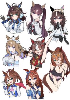 +_+ 6+girls absurdres ahoge almond_eye_(the_changer)_(umamusume) almond_eye_(umamusume) animal_ears arm_up ascot asymmetrical_gloves bag bare_shoulders bikini black_bikini black_corset black_gloves black_jacket blue_bag blue_dress blue_eyes blue_gloves blue_necktie blue_scarf blue_wrist_cuffs blunt_bangs blush bow bow_hairband braid braided_ponytail braided_sidelocks breasts brown-tinted_eyewear brown_eyes brown_hair buttons cape checkered_collar cleavage closed_mouth colored_inner_hair commentary_request corset cropped_jacket cropped_shirt curren_bouquetd'or_(racing)_(umamusume) curren_bouquetd'or_(umamusume) daring_tact_(racing)_(umamusume) daring_tact_(umamusume) detached_sleeves double-breasted dress ear_bow ear_covers elbow_gloves epaulettes eyewear_on_head fingerless_gloves frilled_wristband gloves gran_alegria_(smile_my_way!)_(umamusume) gran_alegria_(umamusume) grey_eyes hair_between_eyes hair_ornament hairband hairclip heart heart-shaped_eyewear high_ponytail highres horse_ears horse_girl horse_tail jacket jewelry large_breasts very_long_braid long_hair long_sleeves looking_at_viewer low_twin_braids lucky_lilac_(racing)_(umamusume) lucky_lilac_(umamusume) maruzensky_(hot_summer_night)_(umamusume) maruzensky_(umamusume) medium_breasts middle_w midriff mismatched_ear_covers mismatched_gloves moyashi_toufu multicolored_hair multicolored_jacket multiple_girls necktie official_alternate_costume open_clothes open_jacket open_mouth orange-tinted_eyewear pink_ascot ponytail purple_eyes red_buttons red_cape red_shirt ruffle_bikini scarf shirt short_sleeves shoulder_bag side_ponytail sidelocks simple_background small_breasts smile star_(symbol) star_hair_ornament streaked_hair sunglasses super_creek_(murmuring_stream)_(umamusume) super_creek_(umamusume) suspenders swimsuit symbol-shaped_pupils tail tinted_eyewear tokai_teio_(peak_joy)_(umamusume) tokai_teio_(umamusume) twin_braids two-tone_jacket umamusume v very_long_hair w white-framed_eyewear white_dress white_gloves white_hair white_hairband white_jacket white_shirt white_streaks wings wrist_cuffs x-shaped_pupils x_hair_ornament