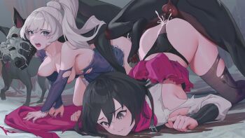 2girls 3boys absurdres ass bestiality breasts clothing_aside cum dog doggystyle group_sex highres large_breasts multiple_boys multiple_girls orgy panties panties_aside rape ruby_rose rwby sex sex_from_behind source_request thong uncensored underwear wangxiii weiss_schnee