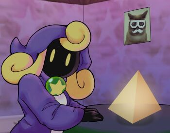 1girl black_skin blonde_hair cat colored_skin crystal crystal_ball curly_hair hood indoors long_hair looking_at_viewer mario_(series) merluvlee nintendo paper_mario paper_mario_64 picture_frame portrait_(object) robe sitting solo table