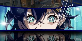 ! 1girl artist_name belle_(zenless_zone_zero) blue_eyes blue_hair close-up commentary_request earrings game_screenshot_background glowing glowing_eyes hair_between_eyes hair_ornament highres jewelry kurimako letter_hair_ornament persona reflection scene_reference screenshot_background short_hair solo zenless_zone_zero