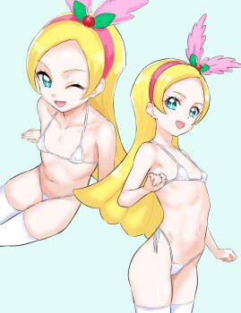 1girl bikini blonde_hair blue_eyes breasts collarbone flat_chest hairband highres kirahoshi_ciel kirakira_precure_a_la_mode kuppipi_ramutarou loli long_hair looking_at_viewer micro_bikini multiple_views navel one_eye_closed open_mouth pink_hairband precure side-tie_bikini_bottom simple_background sitting small_breasts smile swimsuit thighhighs white_bikini white_thighhighs