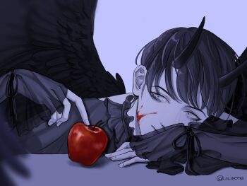 absurdres aegyo_sal apple black_hair black_wings blood blood_on_face commentary dilated_pupils elbow_rest english_commentary feathered_wings food frilled_sleeves frills fruit highres kim_dokja liliseme looking_at_object omniscient_reader&#039;s_viewpoint ribbon see-through_clothes short_hair smile spot_color upper_body wings wrist_ribbon