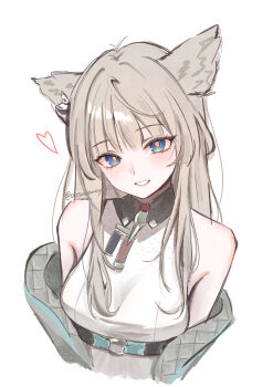 0_tsunamayo_0 1girl absurdres animal_ears arknights arknights:_endfield bare_shoulders bird_ears bird_girl blue_eyes breasts brown_hair commentary_request heart highres long_hair looking_at_viewer medium_breasts orange_pupils parted_lips perlica_(arknights) simple_background smile solo twitter_username white_background