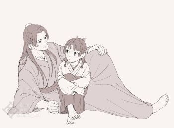 Rule 34 | 1boy, 1girl, barefoot, beads, blunt bangs, bun cover, chara no7, commentary request, facial scar, freckles, full body, hair bun, hair ribbon, half updo, hand on own knee, hugging own legs, jinshi (kusuriya no hitorigoto), kusuriya no hitorigoto, long hair, looking at another, maomao (kusuriya no hitorigoto), parted bangs, reclining, ribbon, scar, scar on cheek, scar on face, sepia, sitting, twitter username