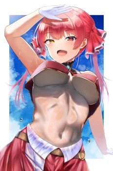 1girl arm_up artist_name blue_sky border breasts commentary_request cowboy_shot crop_top dripping gem gloves hair_ribbon heterochromia highres hololive houshou_marine large_breasts long_hair looking_at_viewer open_mouth ponnu_(nikeytina) red_hair ribbon sky solo stomach sweat twintails underboob virtual_youtuber wet white_border white_gloves