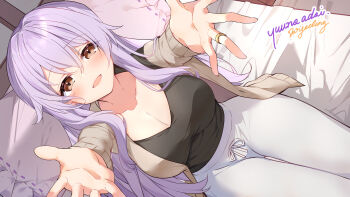 1girl absurdres black_shirt blush breasts brown_eyes cardigan collarbone commission cowboy_shot darjeeling_(reley) from_above hair_between_eyes highres hiiragi_shinoa hyakuya_yuuichirou jewelry large_breasts long_hair looking_at_viewer lying mature_female on_back open_cardigan open_clothes open_mouth owari_no_seraph pants pillow purple_hair reaching_out ring shirt shirt_tucked_in smile thigh_gap thighs v-neck white_pants wide_hips