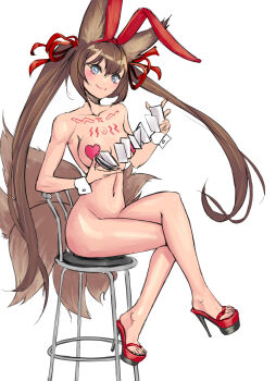 1girl absurdres animal_ear_fluff animal_ears blue_eyes blush breasts brown_hair caleen_keemosn chair commission crossed_legs elotika fake_animal_ears female_focus fox_ears fox_girl fox_tail geta hair_between_eyes hair_ornament hair_ribbon hairband heart_pasties high_heels highres holding kitsune long_hair looking_at_viewer makeup medium_breasts multiple_tails navel nude original pasties platform_footwear platform_heels platform_mules rabbit_ears red_footwear red_ribbon ribbon runes sandals shoes sitting smile solo star_ocean star_ocean:_anamnesis stool tail tattoo thighs twintails very_long_hair wrist_cuffs