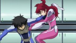 1boy 1girl animated anime_screenshot assertive_female audible_speech black_hair breasts brown_eyes dark-skinned_male dark_skin defeated_villainess earrings english_audio female_pervert forced_kiss freckles gundam gundam_00 highres humiliation jewelry kiss large_breasts nena_trinity pale_skin pervert pilot_suit pushing_away red_hair rejection screaming setsuna_f._seiei sexual_harassment sound stud_earrings twintails video yellow_eyes