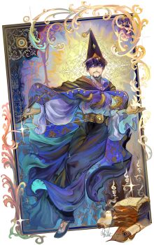 1boy absurdres beard blue_cloak blue_hair blue_hat blue_pants blue_shirt blue_shoes brushbuddy candlestand cloak closed_mouth commentary conical_hat connected_beard crossed_bangs facial_hair floral_print gift_art glint hair_between_eyes hat hat_tassel highres holding holding_pen light_smile long_sleeves looking_at_viewer male_focus nib_pen_(object) notice_lines olruggio_(tongari_boushi_no_atelier) outstretched_arm pants paper_stack pen puffy_long_sleeves puffy_sleeves scroll shirt shoes short_hair signature silly_chaotic solo tongari_boushi_no_atelier wizard wizard_hat