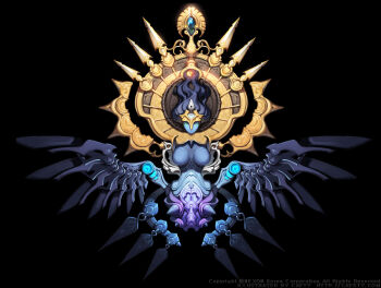 black_background blue_hair blue_skin breasts caesty colored_skin commentary_request dated_commentary full_body headpiece korean_commentary large_breasts long_hair mechanical_wings methuselah_(tales_weaver) nexon official_art production_art simple_background tales_weaver tall_hair wavy_hair wings