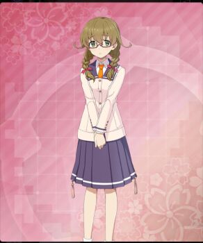 1girl blue_sailor_collar blue_skirt bow braid brown_hair buttons closed_mouth dot_nose feet_out_of_frame floral_background game_cg glasses green_eyes hair_bow hamazuka_sakura jacket layered_sleeves long_sleeves looking_at_viewer low_twin_braids necktie official_art own_hands_together pink_background rectangular_eyewear red-framed_eyewear red_bow renpu_girls_school_uniform sailor_collar school_uniform semi-rimless_eyewear shirt skirt socks solo tassel third-party_source toji_no_miko toji_no_miko:_kizamishi_issen_no_tomoshibi twin_braids under-rim_eyewear white_jacket white_shirt white_socks yellow_necktie