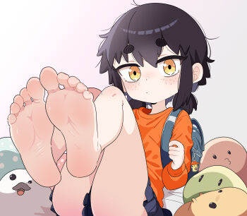 1girl absurdres backpack bag barefoot black_hair feet foot_focus highres leims_(urje8584) loli looking_at_viewer original skirt soles solo thick_eyebrows toes twintails