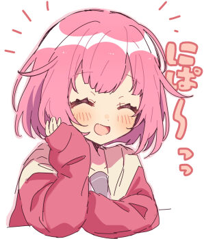1girl :d ^_^ blush closed_eyes commentary_request cropped_torso double-parted_bangs highres jacket long_sleeves miyamasuzaka_girls'_academy_school_uniform ootori_emu open_mouth outline pink_hair pink_jacket pink_outline project_sekai ra_mntbti sailor_collar school_uniform serafuku short_hair simple_background smile solo white_background white_sailor_collar