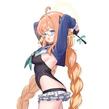 1girl :d absurdres ahoge aqua_neckerchief arms_behind_head black-framed_eyewear black_gloves black_leotard blue_archive blue_eyes blue_shirt blunt_bangs blush braid breasts commentary_request cowboy_shot cropped_shirt fang feather_hair frilled_thigh_strap from_side glasses gloves highleg highleg_leotard highres holding holding_riding_crop large_breasts leotard long_hair long_sleeves looking_at_viewer low_twintails neckerchief nyatako official_alternate_costume official_alternate_hairstyle open_mouth orange_hair riding_crop semi-rimless_eyewear shimiko_(blue_archive) shimiko_(magical)_(blue_archive) shirt sideboob sidelocks simple_background skin_fang smile solo thigh_strap twin_braids twintails very_long_hair white_background