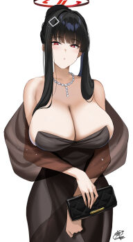 1girl bare_shoulders black_dress black_hair blue_archive blush breasts cleavage commentary dress hair_ornament hairclip halo highres holding huge_breasts jewelry long_hair looking_at_viewer necklace okitakung parted_lips red_eyes rio_(blue_archive) sidelocks simple_background solo symbol-only_commentary white_background