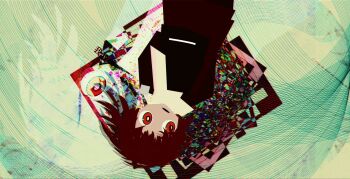 1girl abstract_background apron asya_shubina black_apron bright_pupils brown_dress brown_hair cubism dress hashtag-only_commentary highres parted_lips red_eyes ryayiii school_uniform short_hair solo soviet_school_uniform upside-down white_pupils z.a.t.o._//_i_love_the_world_and_everything_in_it